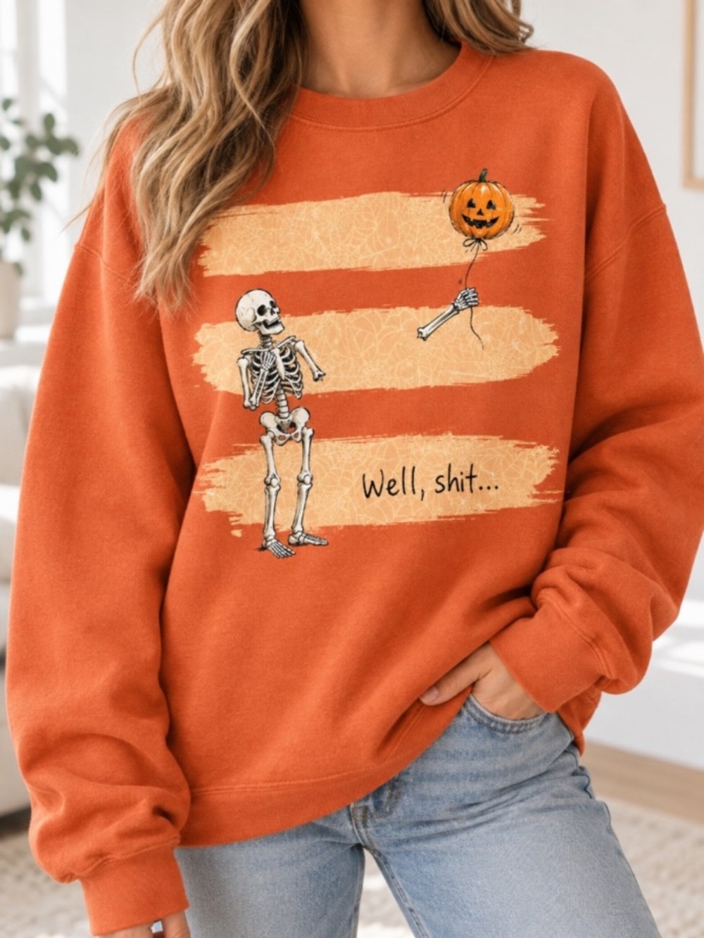 Orange Skeleton Pumpkin Graphic Crewneck Sweatshirt